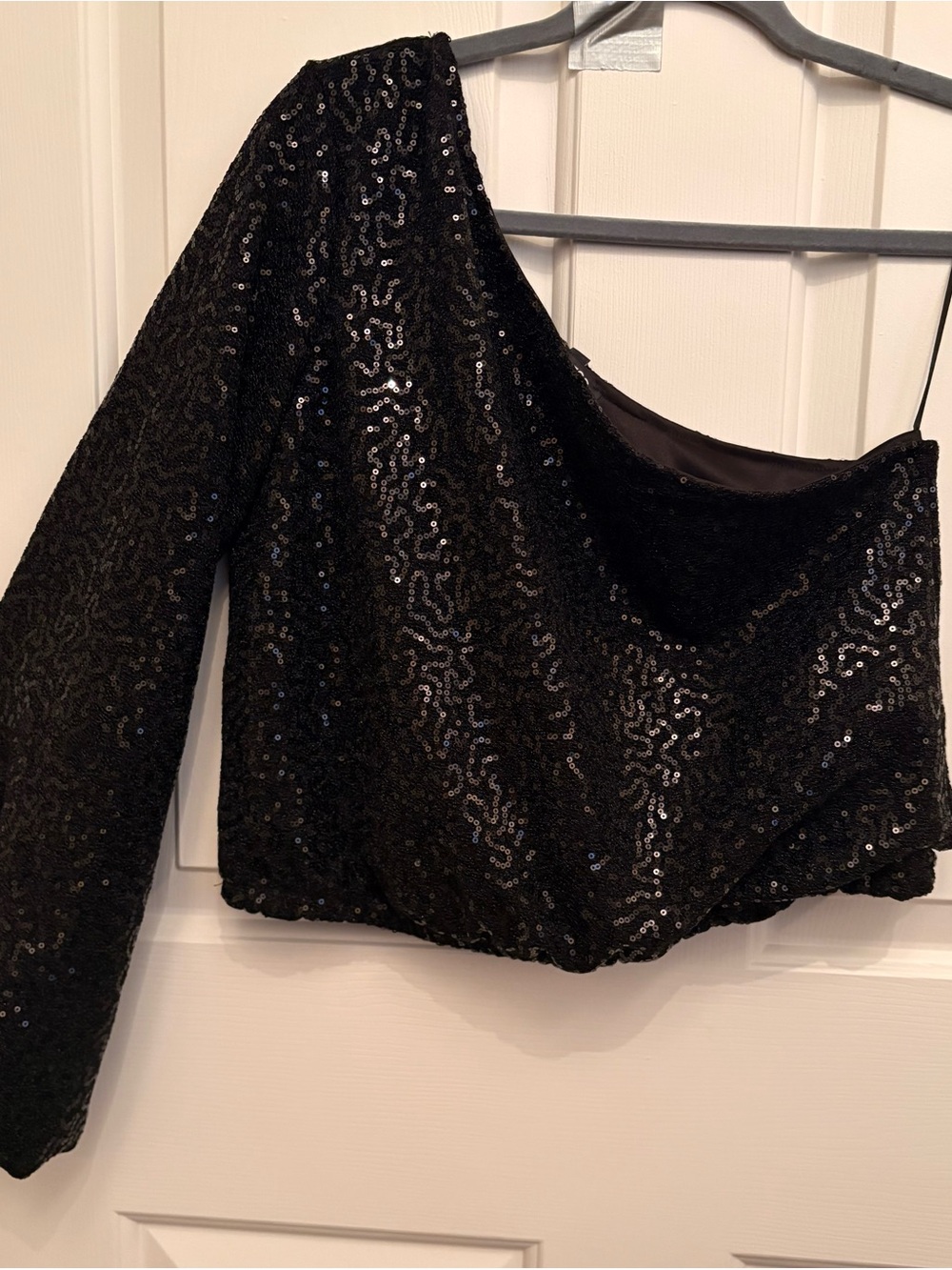 Express Black One-Shoulder Sequin Crop Top